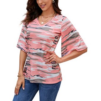 Women's Flare Half Sleeve Floral Top Spring Summer Loose V neck Boho Blouse