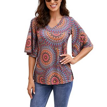 Women's Flare Half Sleeve Floral Top Spring Summer Loose V neck Boho Blouse