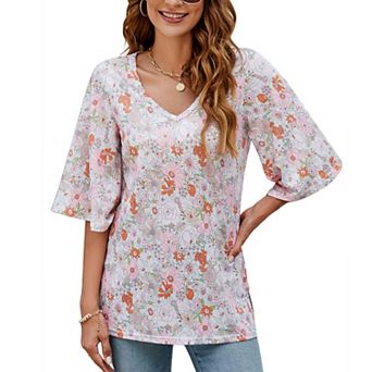 Women's Flare Half Sleeve Floral Top Spring Summer Loose V neck Boho Blouse