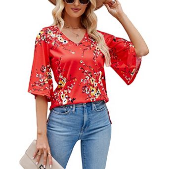 Women's Flare Half Sleeve Floral Top Spring Summer Loose V neck Boho Blouse