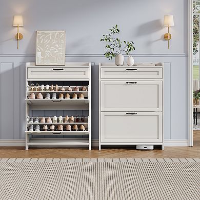 Entryway Shoe Storage Cabinet with Top Drawer, 2-Tier Flip Down Shoe Rack Organizer