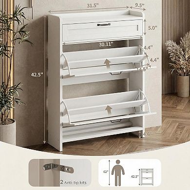 Entryway Shoe Storage Cabinet with Top Drawer, 2-Tier Flip Down Shoe Rack Organizer