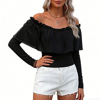 Women's Off Shoulder Ruffle Trim Blouse Long Sleeve Layered Waist Defined Casual Top