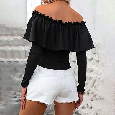 Women's Off Shoulder Ruffle Trim Blouse Long Sleeve Layered Waist Defined Casual Top