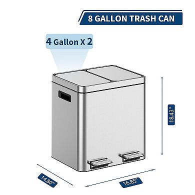 Dual/3 Compartment Recycling Trash Can, Stainless Steel with Soft-Close Lids