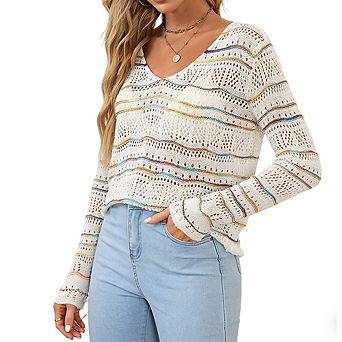Women's Striped Crochet Knit Top V Neck Long Sleeve Sheer Beach Cover Up Pullover