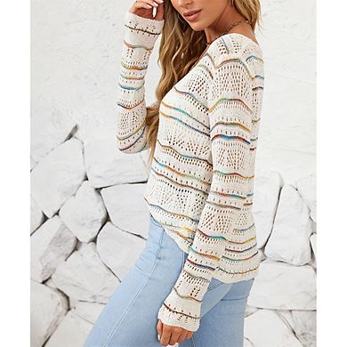 Women's Striped Crochet Knit Top V Neck Long Sleeve Sheer Beach Cover Up Pullover