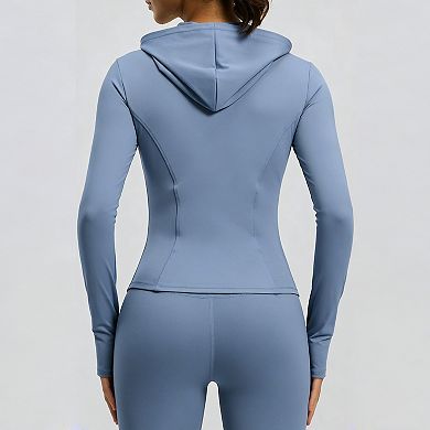 Women's Zip Up Hooded Workout Jacket Slim Fit Athletic Running Jackets with Thumb Holes