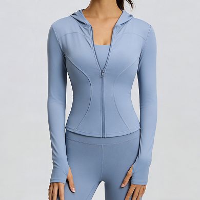 Women's Zip Up Hooded Workout Jacket Slim Fit Athletic Running Jackets with Thumb Holes