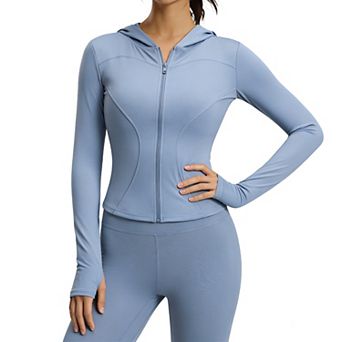 Women's Zip Up Hooded Workout Jacket Slim Fit Athletic Running Jackets with Thumb Holes