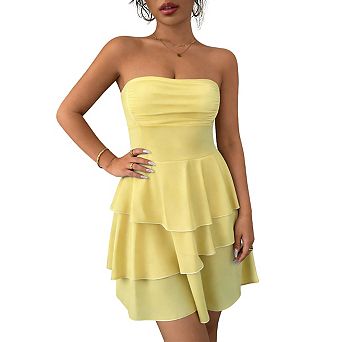Women's Strapless Double Layer Hem Mini Dress Summer Tube Top Flounce Casual Short Dress