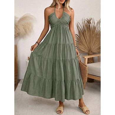 Women's Summer Beach Dresses Backless Solid Color Flowy Vacation Boho Trendy Maxi Sundress
