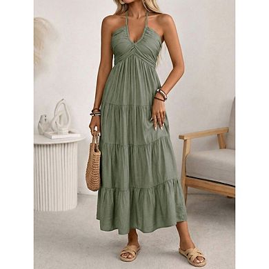 Women's Summer Beach Dresses Backless Solid Color Flowy Vacation Boho Trendy Maxi Sundress