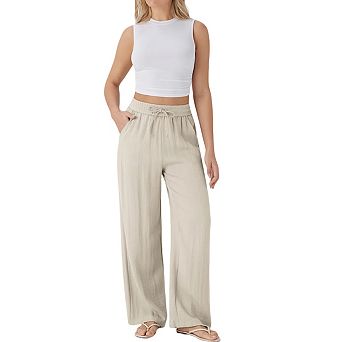 Women's High Waist Wide Leg Pants with Pockets Drawstring Elastic Waist Casual Beach Trousers
