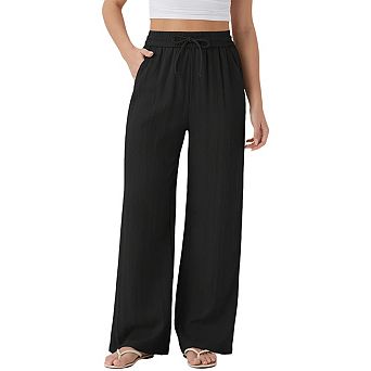 Women's High Waist Wide Leg Pants with Pockets Drawstring Elastic Waist Casual Beach Trousers