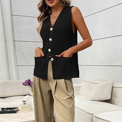 Women's Sleeveless Knit Button Vest Cardigan Sweater Tank with Front Buttons for Layering