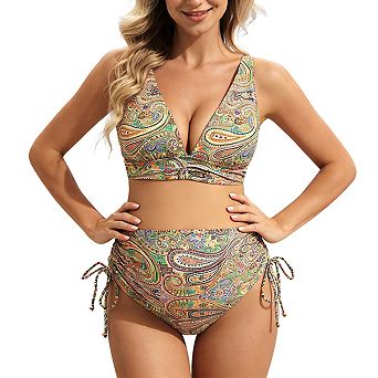 Women's Maternity High Waist Two Piece Swimsuit Printed Beach Bikini with Tie Side Detail