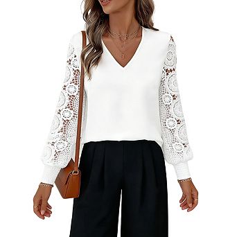 Women's V-Neck Lace Panel Blouse Long Sleeve Elegant Pullover Shirt with Sheer Sleeve Detail