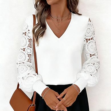 Women's V-Neck Lace Panel Blouse Long Sleeve Elegant Pullover Shirt with Sheer Sleeve Detail