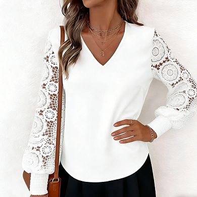 Women's V-Neck Lace Panel Blouse Long Sleeve Elegant Pullover Shirt with Sheer Sleeve Detail