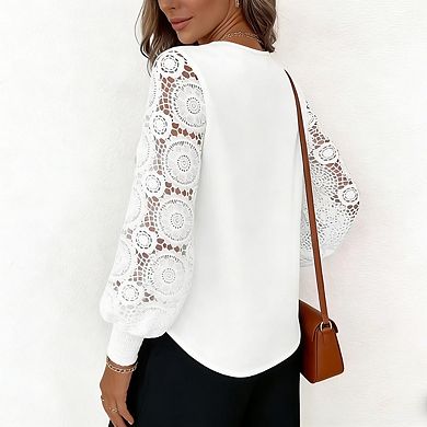 Women's V-Neck Lace Panel Blouse Long Sleeve Elegant Pullover Shirt with Sheer Sleeve Detail