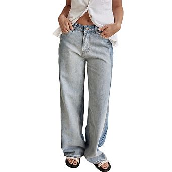 Women's Washed Denim Jeans with Side Pockets Casual Straight Leg Long Pants