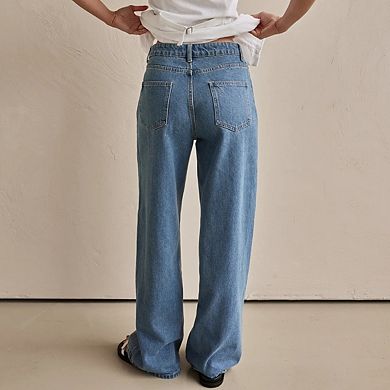 Women's Washed Denim Jeans with Side Pockets Casual Straight Leg Long Pants