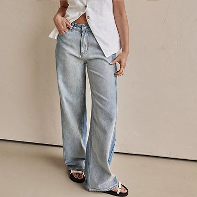 Women's Washed Denim Jeans with Side Pockets Casual Straight Leg Long Pants