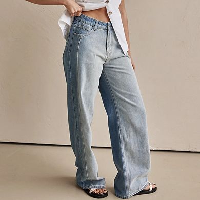 Women's Washed Denim Jeans with Side Pockets Casual Straight Leg Long Pants