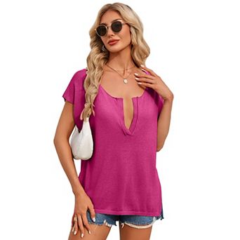Women V neck Sweater Vest with Side Slits Summer Baggy Cap Sleeve Knit Top