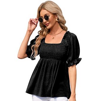 Women's Square Neck Puff Sleeve Peplum Top Off the Shoulder Short Sleeve Baby Doll Top for Lady