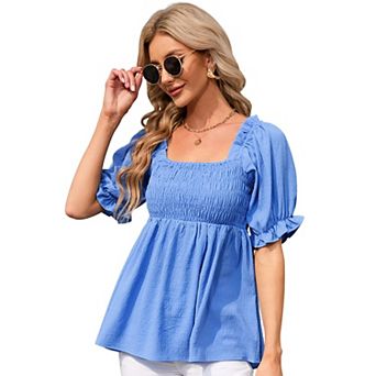 Women's Square Neck Puff Sleeve Peplum Top Off the Shoulder Short Sleeve Baby Doll Top for Lady