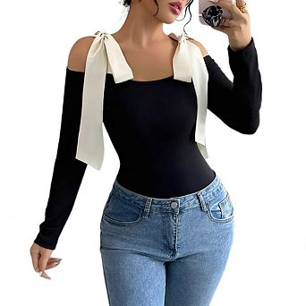 Women's Long Sleeve Off Shoulder Bow Knot Blouses Fitted T Shirt Trendy Top