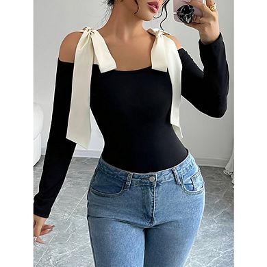 Women's Long Sleeve Off Shoulder Bow Knot Blouses Fitted T Shirt Trendy Top