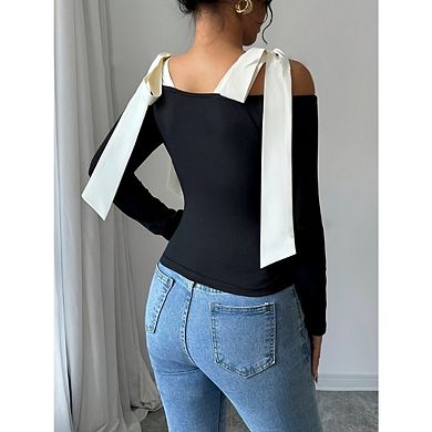 Women's Long Sleeve Off Shoulder Bow Knot Blouses Fitted T Shirt Trendy Top