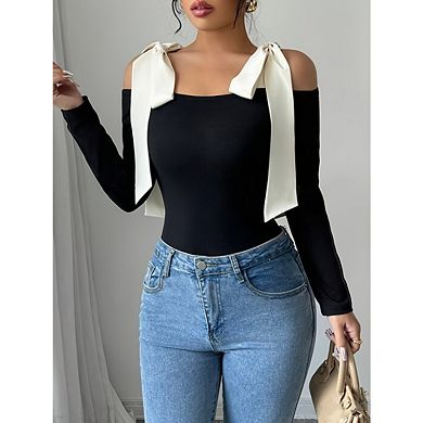 Women's Long Sleeve Off Shoulder Bow Knot Blouses Fitted T Shirt Trendy Top