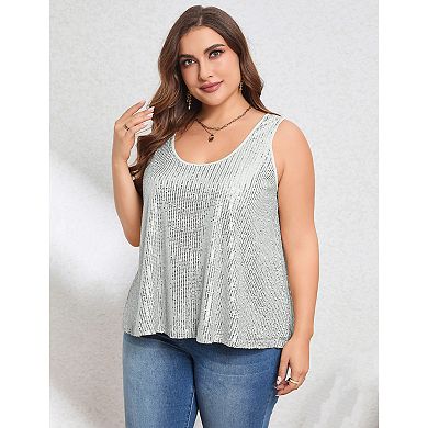 Women's Plus Size Sequin Tank Top Summer Oversized Scoop Neck Sleeveless Sparkly Top