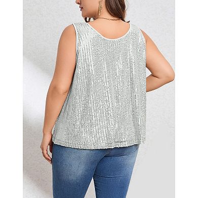 Women's Plus Size Sequin Tank Top Summer Oversized Scoop Neck Sleeveless Sparkly Top