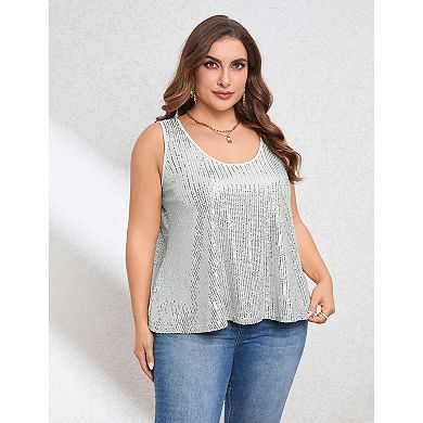 Women's Plus Size Sequin Tank Top Summer Oversized Scoop Neck Sleeveless Sparkly Top
