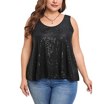 Women's Plus Size Sequin Tank Top Summer Oversized Scoop Neck Sleeveless Sparkly Top