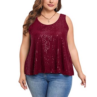 Women's Plus Size Sequin Tank Top Summer Oversized Scoop Neck Sleeveless Sparkly Top