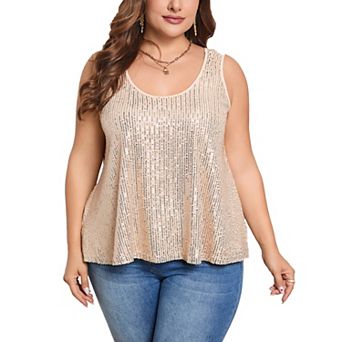 Women's Plus Size Sequin Tank Top Summer Oversized Scoop Neck Sleeveless Sparkly Top