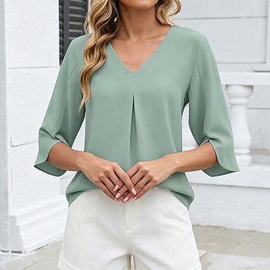 Womens 3/4 Sleeve V Neck Blouse Pleated Loose Fit Casual Work Tops