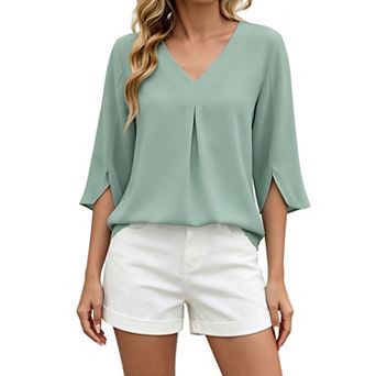 Womens 3/4 Sleeve V Neck Blouse Pleated Loose Fit Casual Work Tops