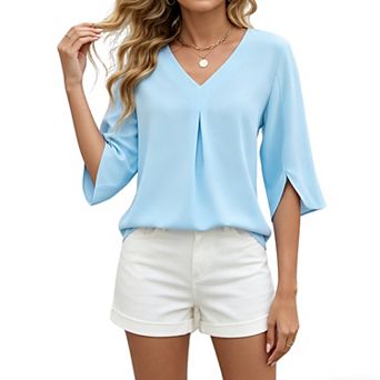 Womens 3/4 Sleeve V Neck Blouse Pleated Loose Fit Casual Work Tops