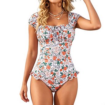 Womens 1 pc Swimsuit Floral Print Square Neck Ruffle Tie Back Tummy Control Bathing Suit