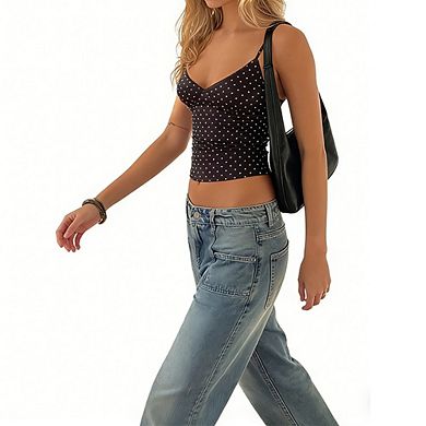 Women's Polka Dot Cami Top with Lace Trim V Neck Spaghetti Strap Fitted Tank Top