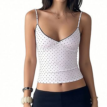 Women's Polka Dot Cami Top with Lace Trim V Neck Spaghetti Strap Fitted Tank Top