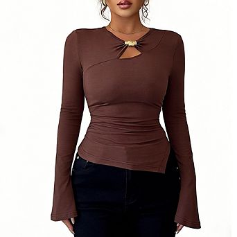 Women's Long Sleeve Keyhole Top with Metal Ring Detail and Flared Cuffs Fitted Blouse