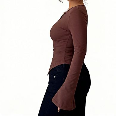 Women's Long Sleeve Keyhole Top with Metal Ring Detail and Flared Cuffs Fitted Blouse